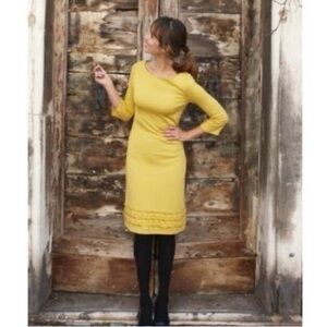 Boden Bold Yellow 3/4 Sleeve Stretch Jersey Midi Dress Dot Appliqué 60s Size 6